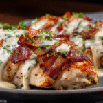 Hero shot of Keto Crack Chicken with creamy cheese and crispy bacon