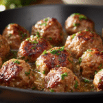 Keto Garlic Butter Meatballs hero shot with all key details visible
