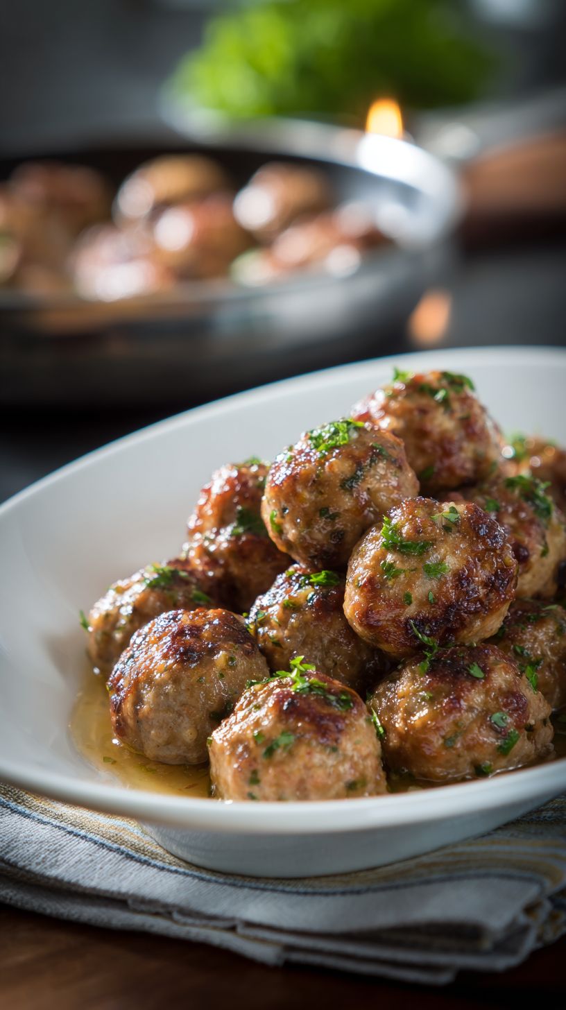 Keto Garlic Butter Meatballs being served on beautiful dinnerware