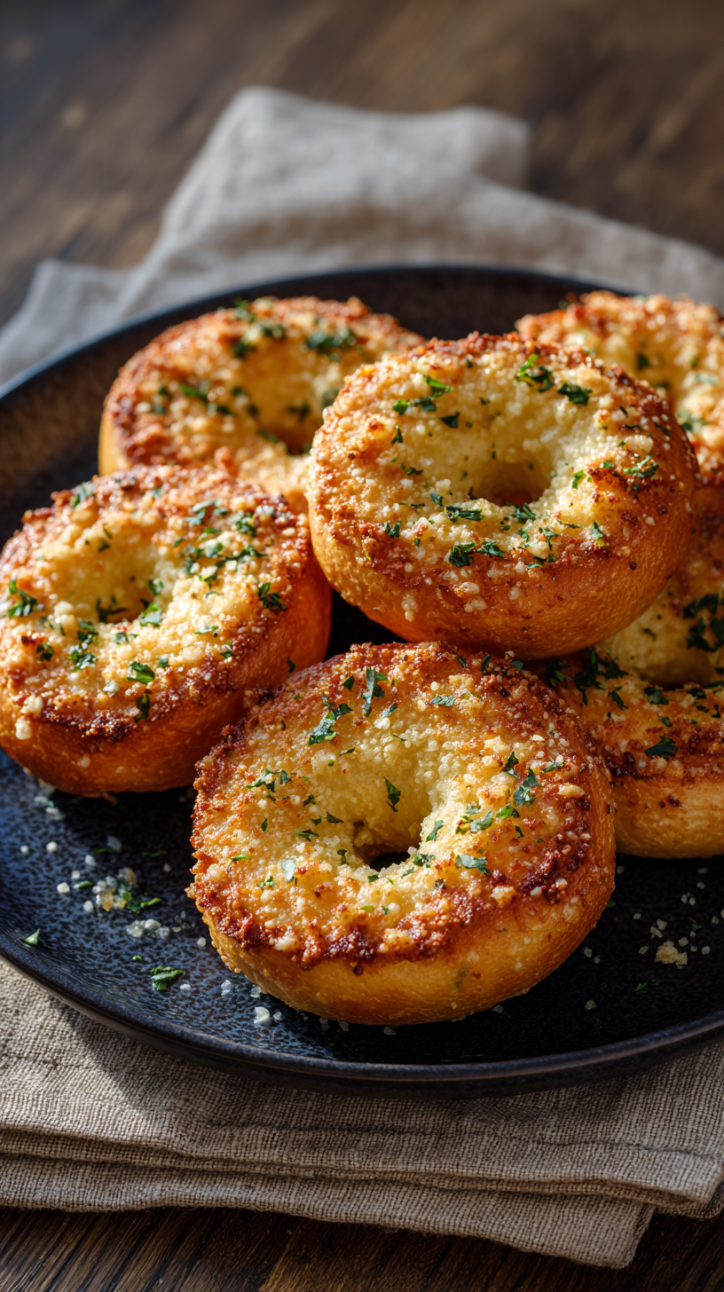 Keto Garlic Parmesan Bagels being served on beautiful dinnerware