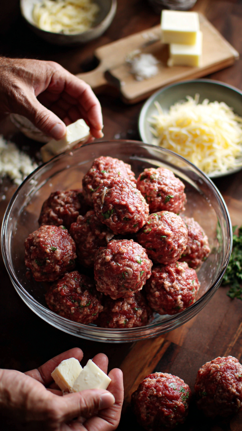 Preparing Keto Jumbo Cheese Stuffed Meatballs step by step cooking process