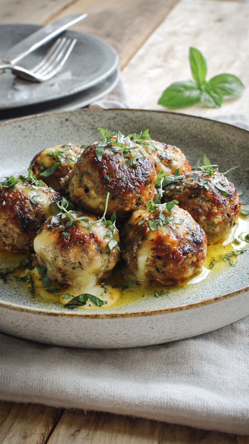 Keto Jumbo Cheese Stuffed Meatballs being served on beautiful dinnerware
