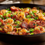 Keto Shrimp and Sausage Skillet hero shot showcasing the finished dish with vibrant colors