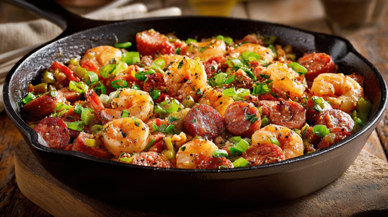 Keto Shrimp and Sausage Skillet hero shot showcasing the finished dish with vibrant colors