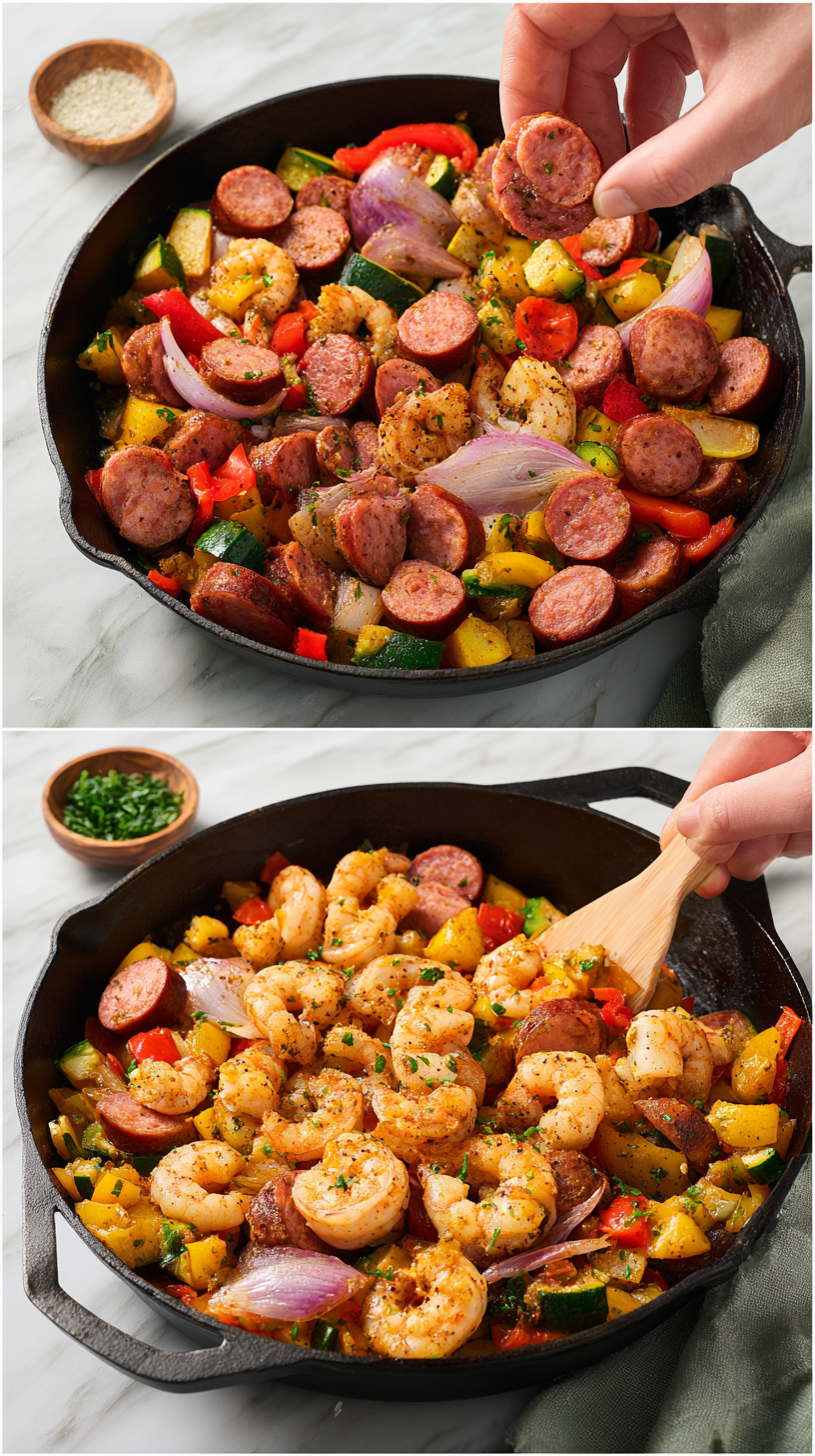 Preparing Keto Shrimp and Sausage Skillet step by step cooking process