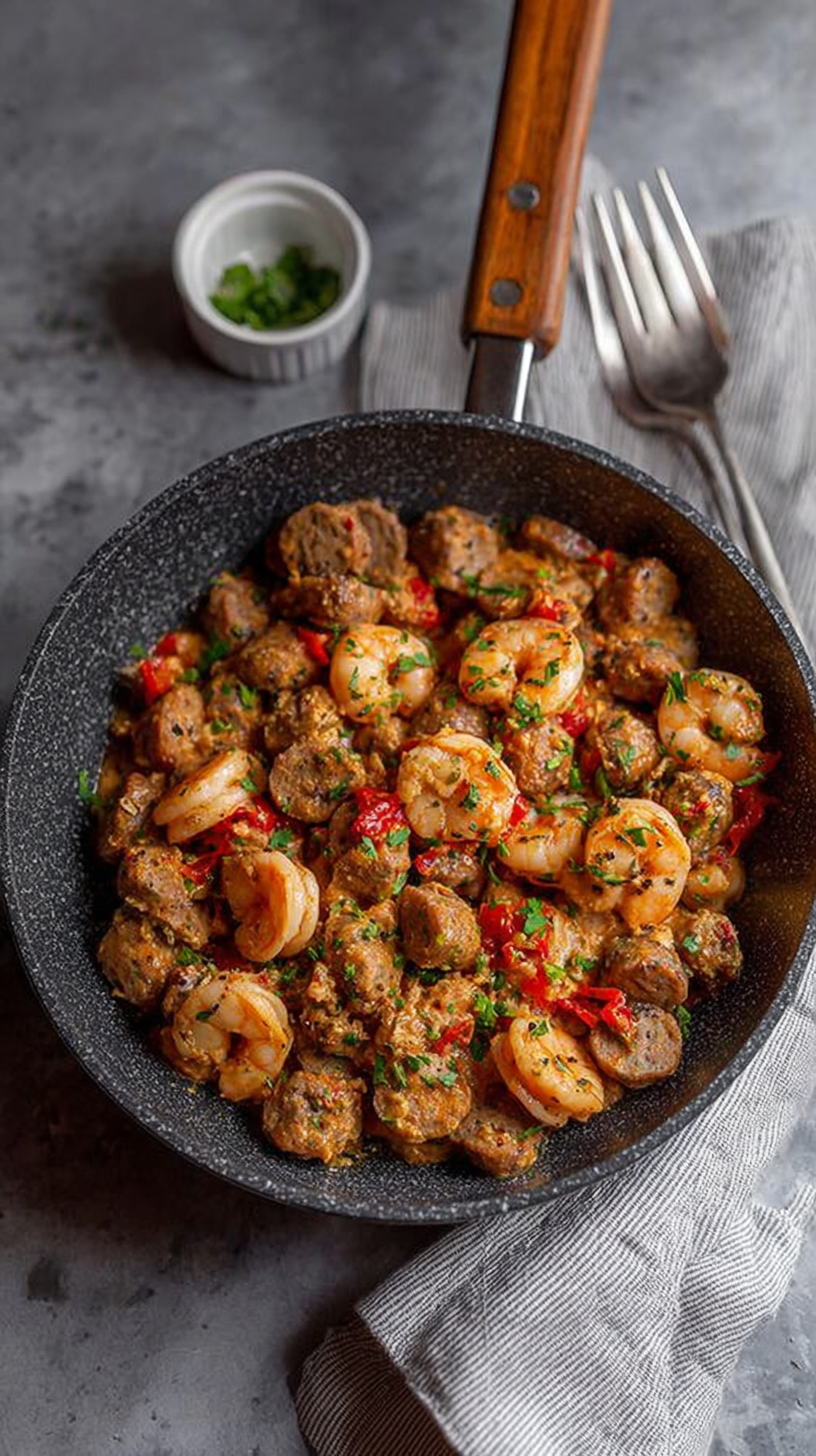 Keto Shrimp and Sausage Skillet being served on beautiful dinnerware