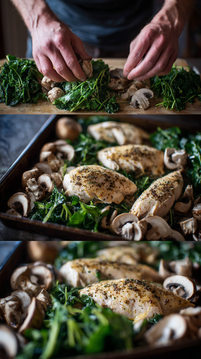 Preparing Low-Carb Chicken Spinach Mushroom Bake step by step cooking process