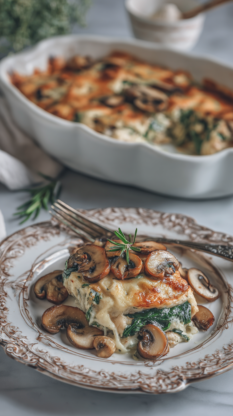 Low-Carb Chicken Spinach Mushroom Bake being served on beautiful dinnerware