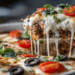 Hero shot of Low Carb Pizza Casserole with bubbling cheese and vibrant toppings