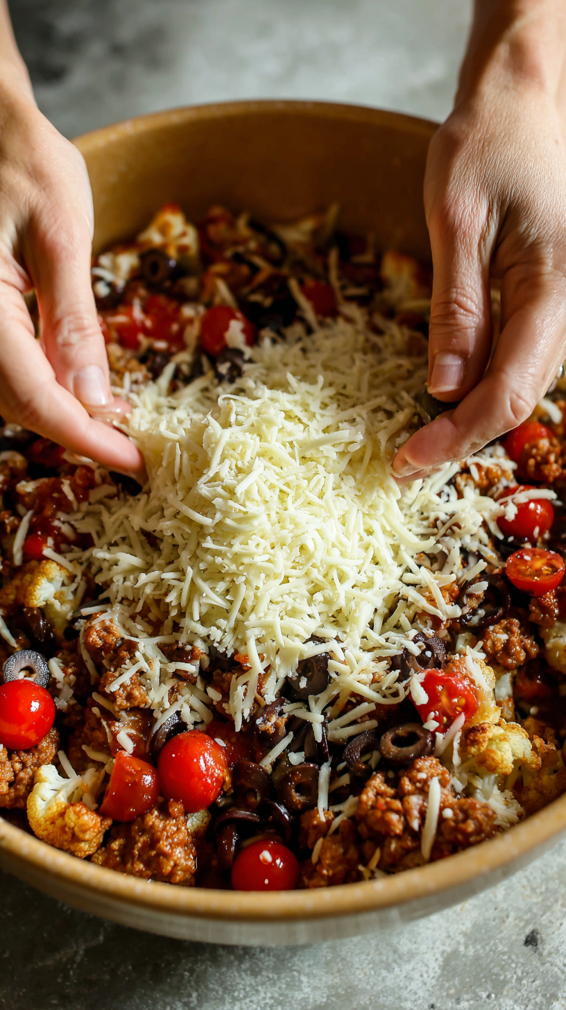 Preparing Low Carb Pizza Casserole step by step cooking process with cauliflower and sausage