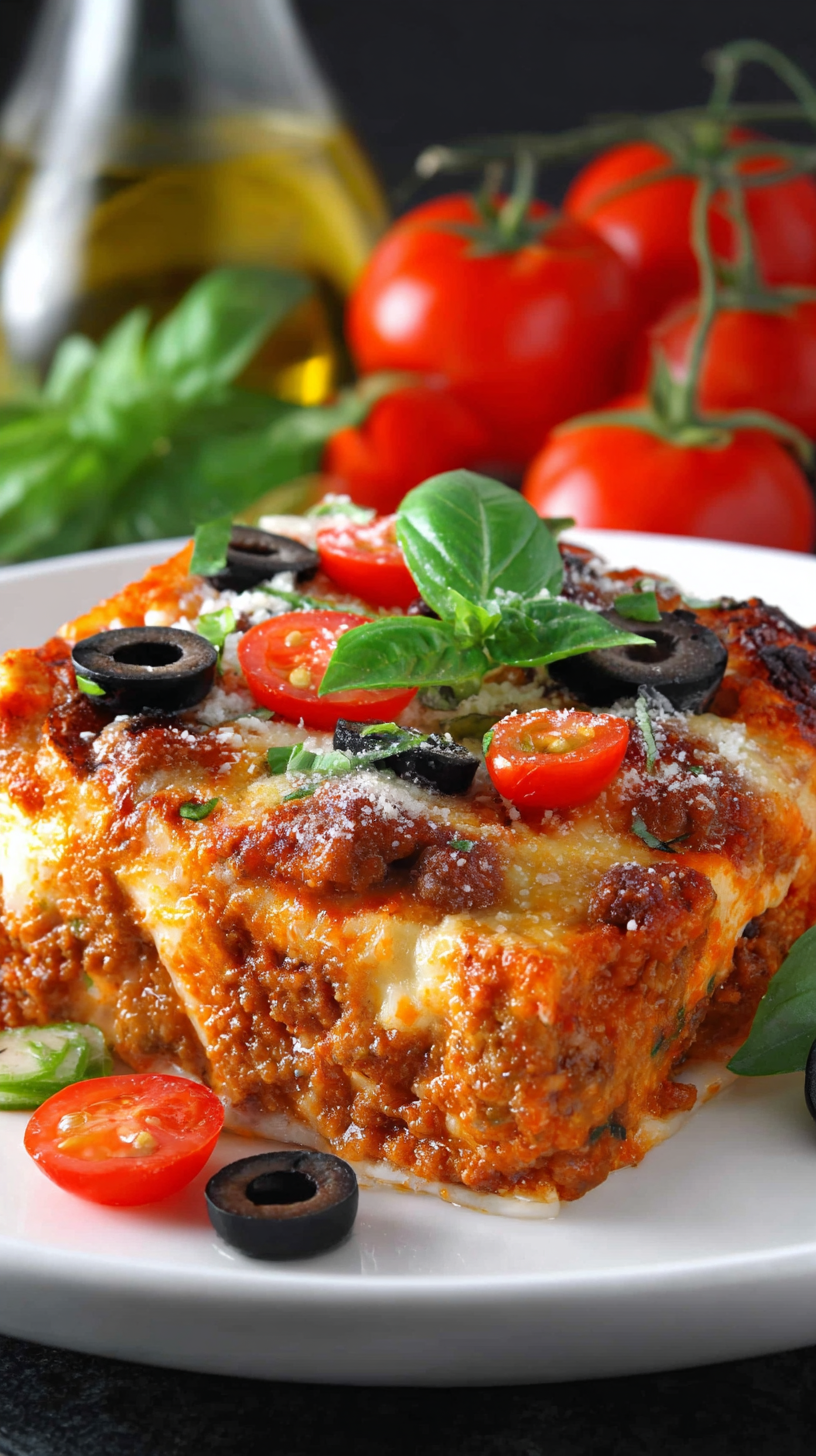 Low Carb Pizza Casserole being served on beautiful dinnerware