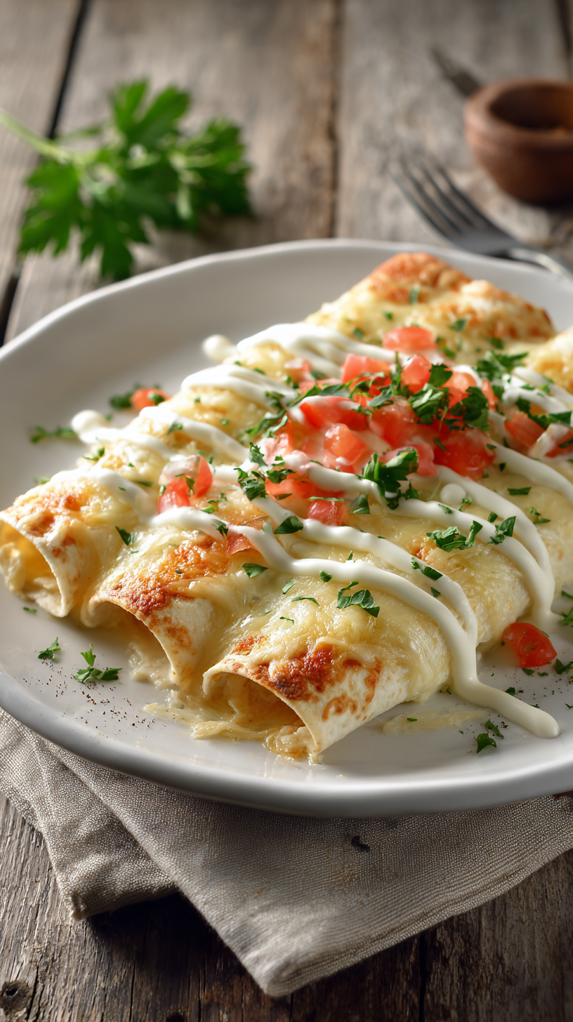 Low Carb White Chicken Enchiladas being served on beautiful dinnerware