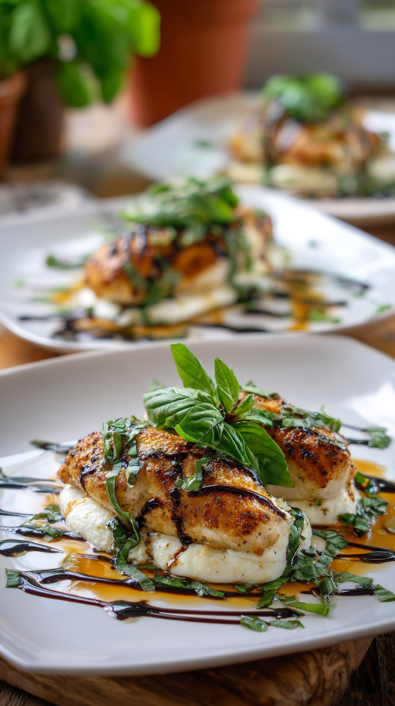 Mozzarella Chicken Basil being served on beautiful dinnerware