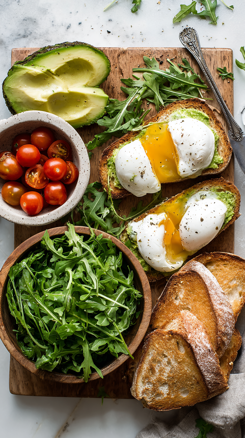 Preparing Poached Egg & Arugula Salad With Avocado Toast step by step cooking process