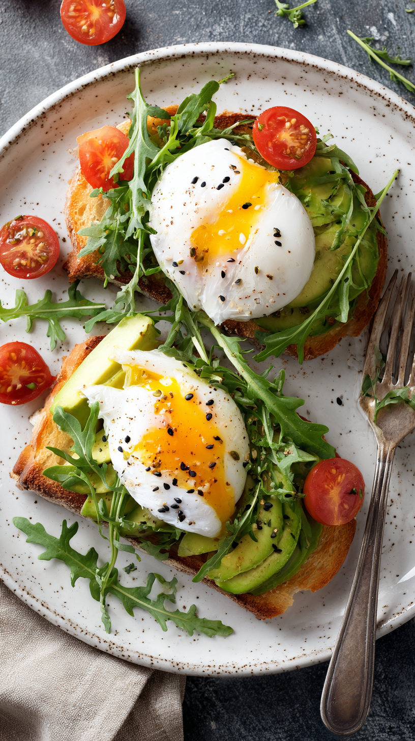 Poached Egg & Arugula Salad With Avocado Toast being served on beautiful dinnerware