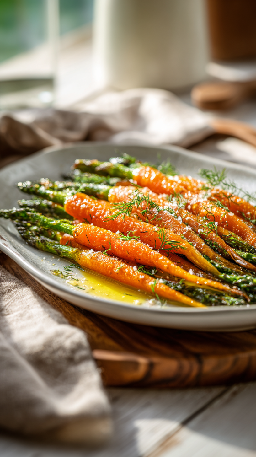 Roasted Asparagus & Carrots being served on beautiful dinnerware