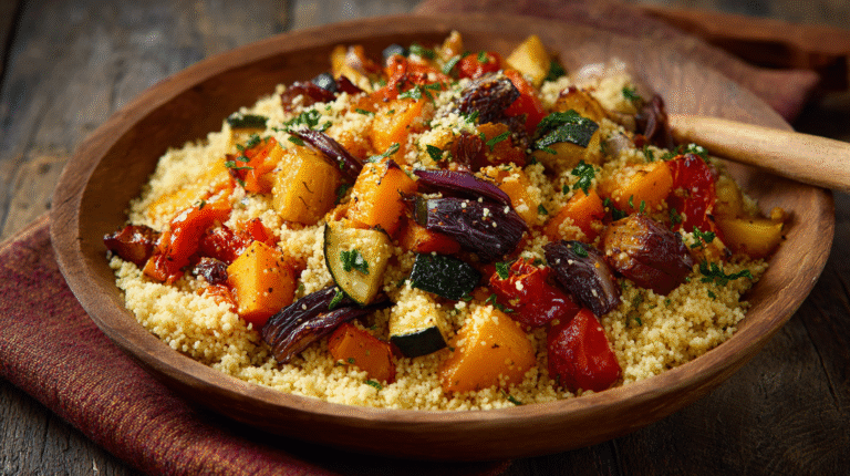 Roasted Vegetable Couscous hero shot with caramelized vegetables and fluffy couscous