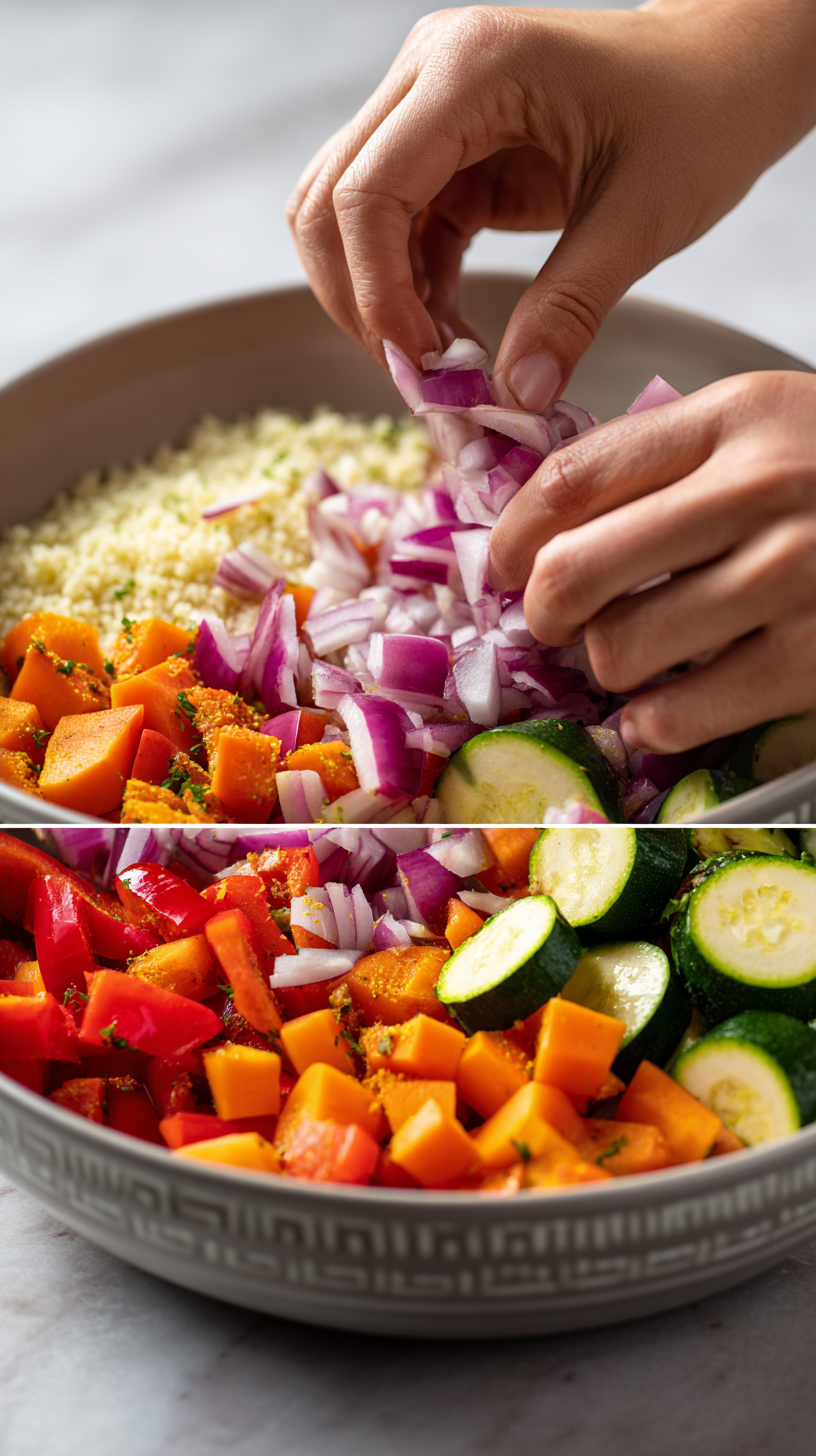 Preparing Roasted Vegetable Couscous step by step cooking process
