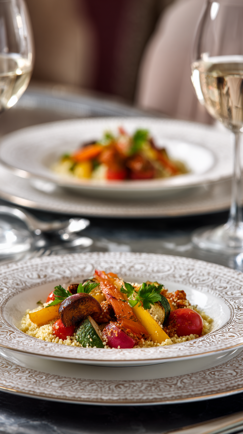 Roasted Vegetable Couscous being served on beautiful dinnerware