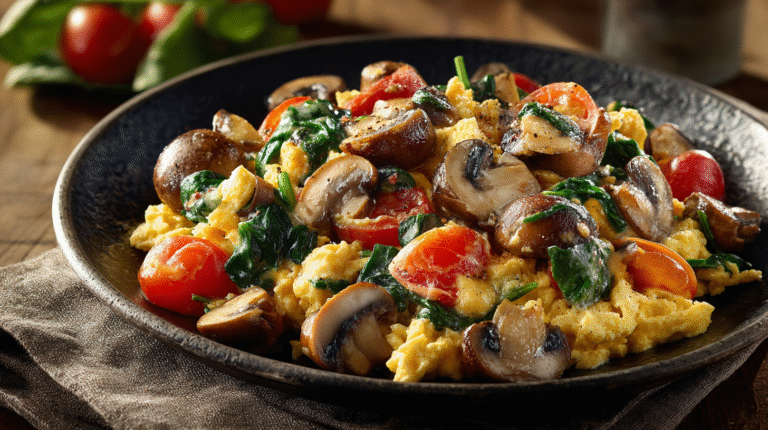 Scrambled Eggs with Mushrooms, Spinach & Tomatoes hero shot