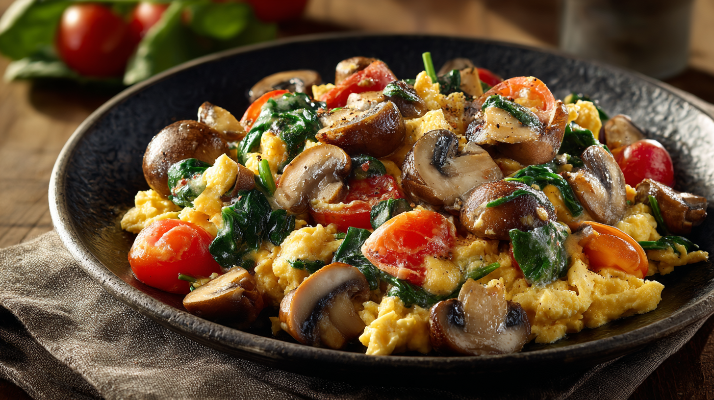 Scrambled Eggs with Mushrooms, Spinach & Tomatoes hero shot