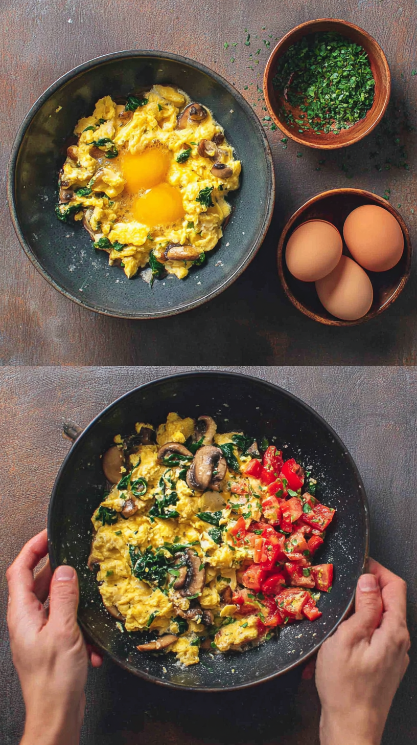 Preparing Scrambled Eggs with Mushrooms, Spinach & Tomatoes step by step cooking process