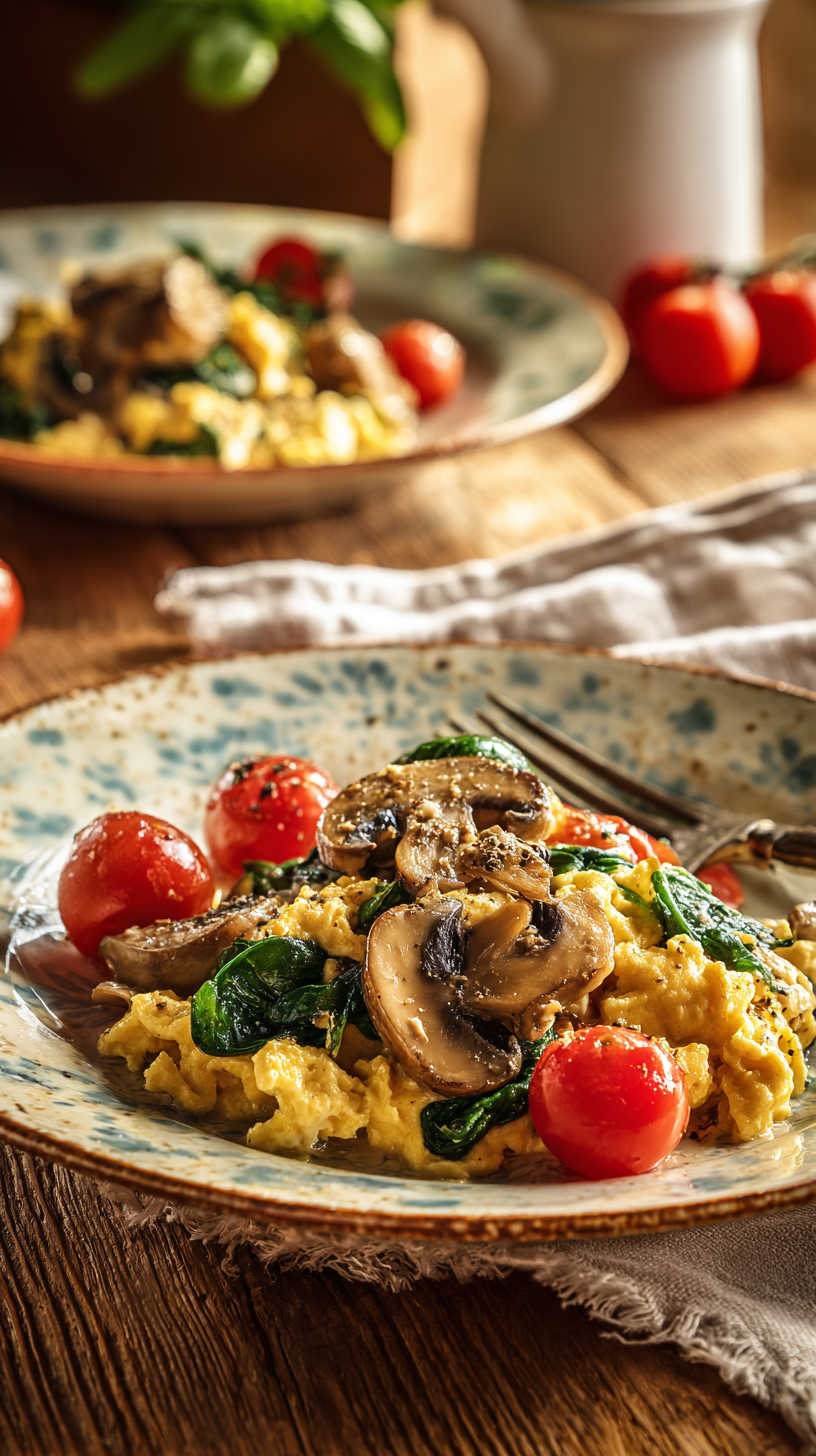 Scrambled Eggs with Mushrooms, Spinach & Tomatoes being served on beautiful dinnerware