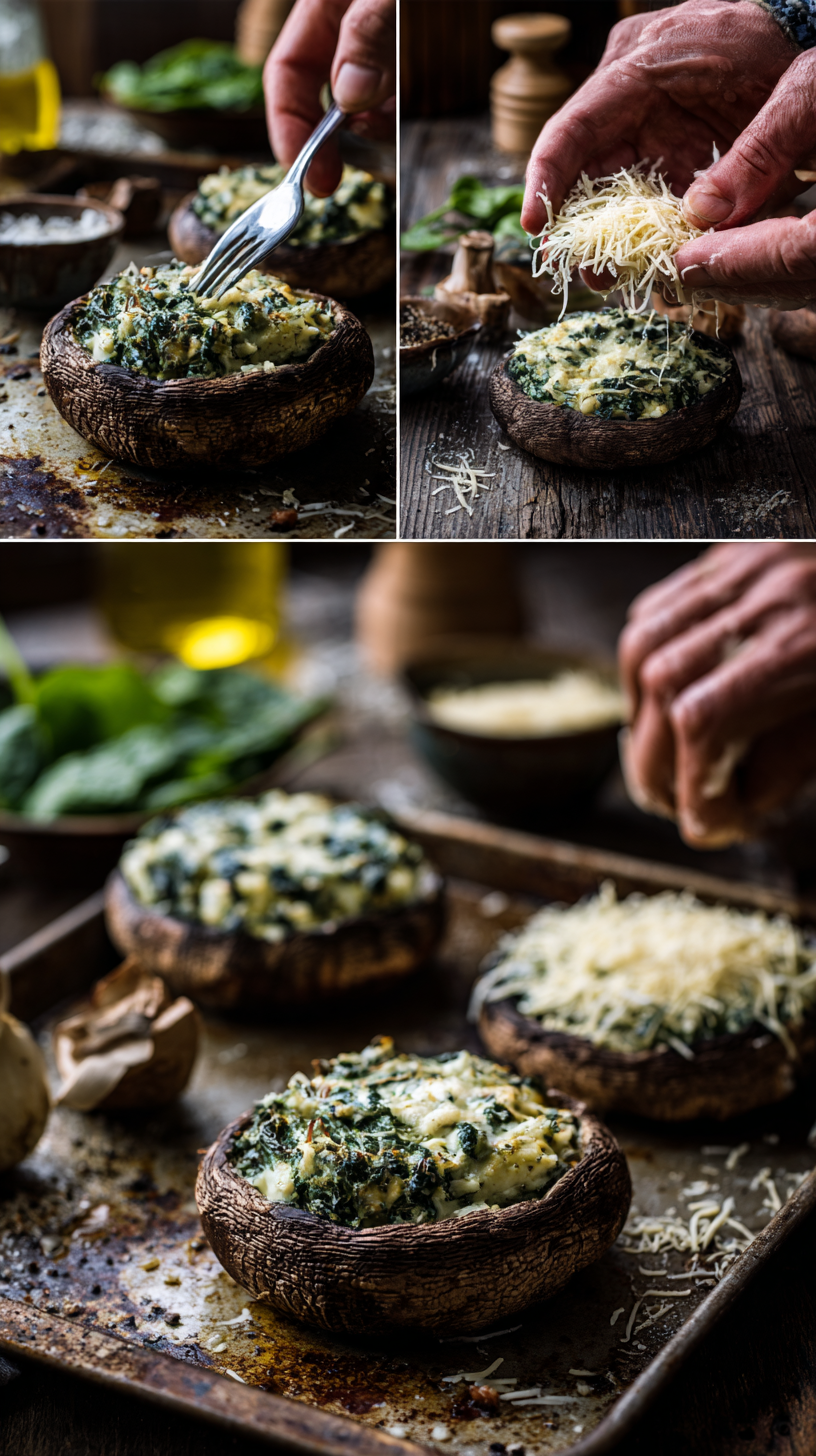 Preparing Spinach and Cheese Stuffed Portobello Mushroom step by step cooking process