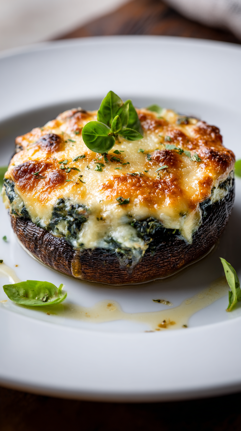 Spinach and Cheese Stuffed Portobello Mushroom being served on beautiful dinnerware
