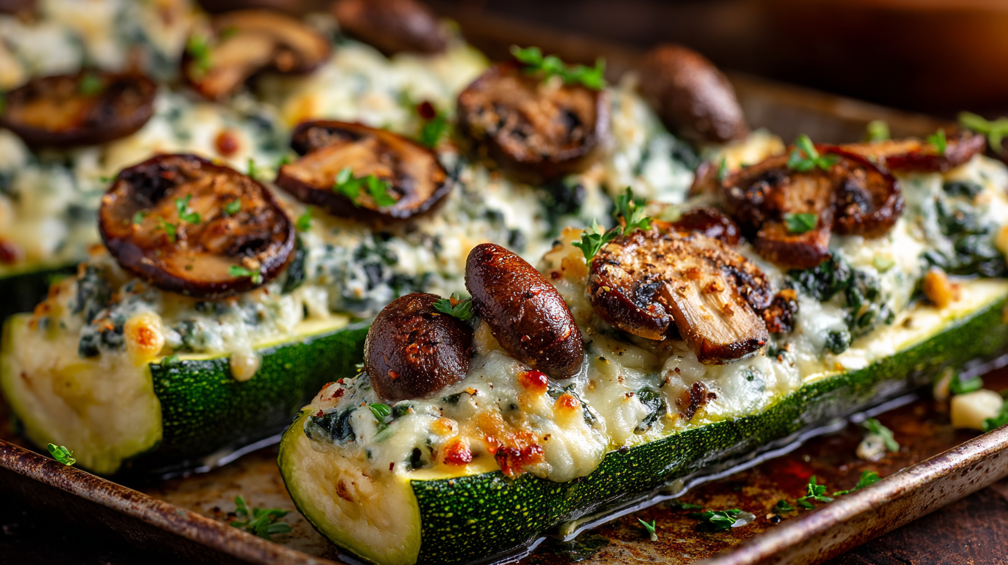 Spinach, Mushroom, and Ricotta Stuffed Zucchini hero shot