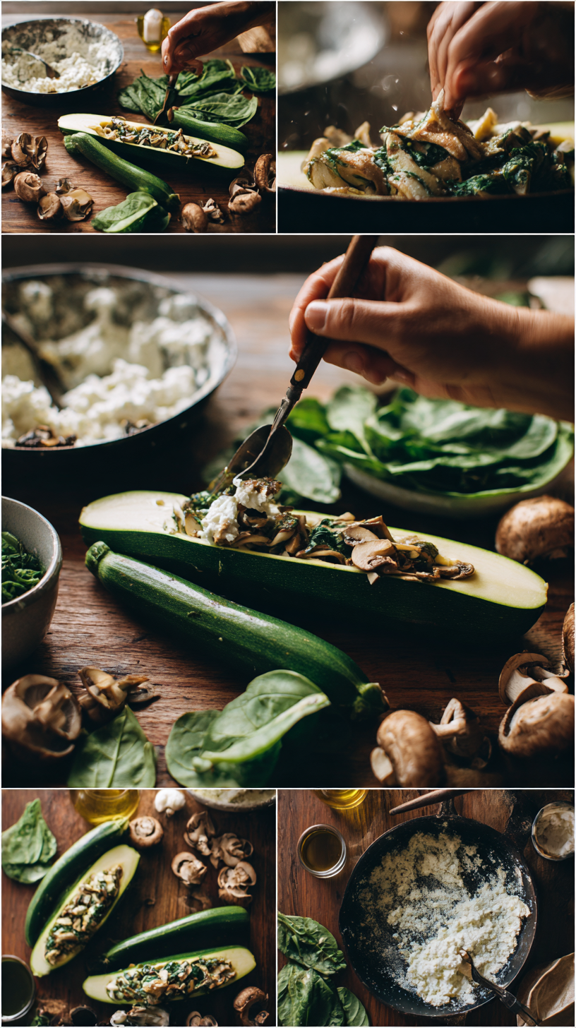 Preparing Spinach, Mushroom, and Ricotta Stuffed Zucchini step by step cooking process