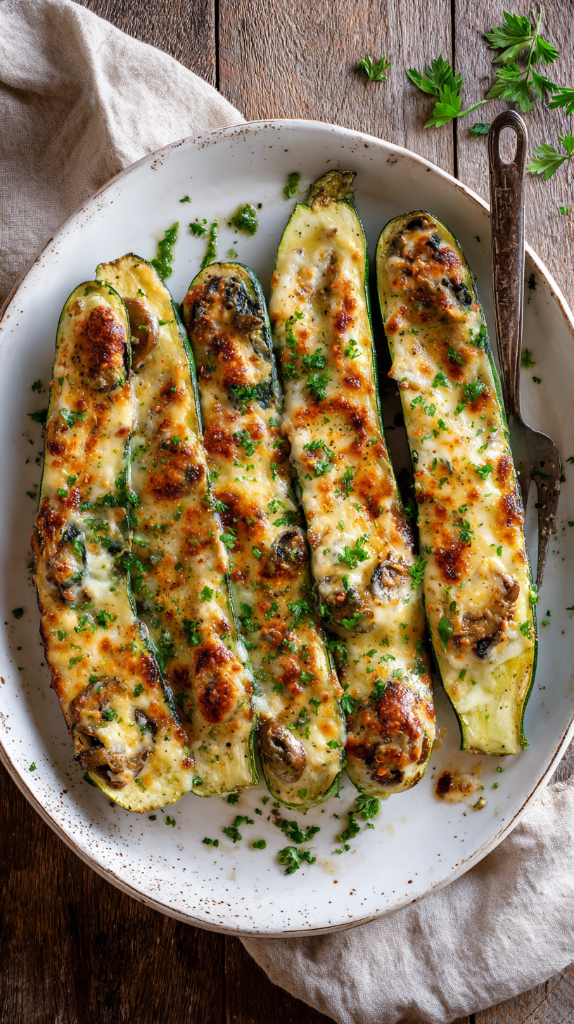 Spinach, Mushroom, and Ricotta Stuffed Zucchini being served on beautiful dinnerware