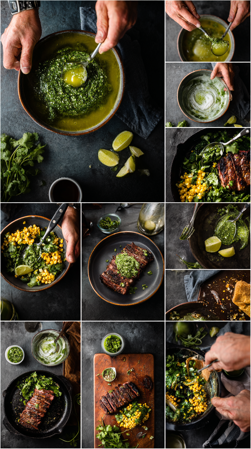 Preparing Steak Avocado and Roasted Corn Bowl with Cilantro Cream Sauce step by step cooking process