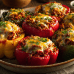Hero shot of Stuffed Bell Peppers with vibrant colors and melted cheese