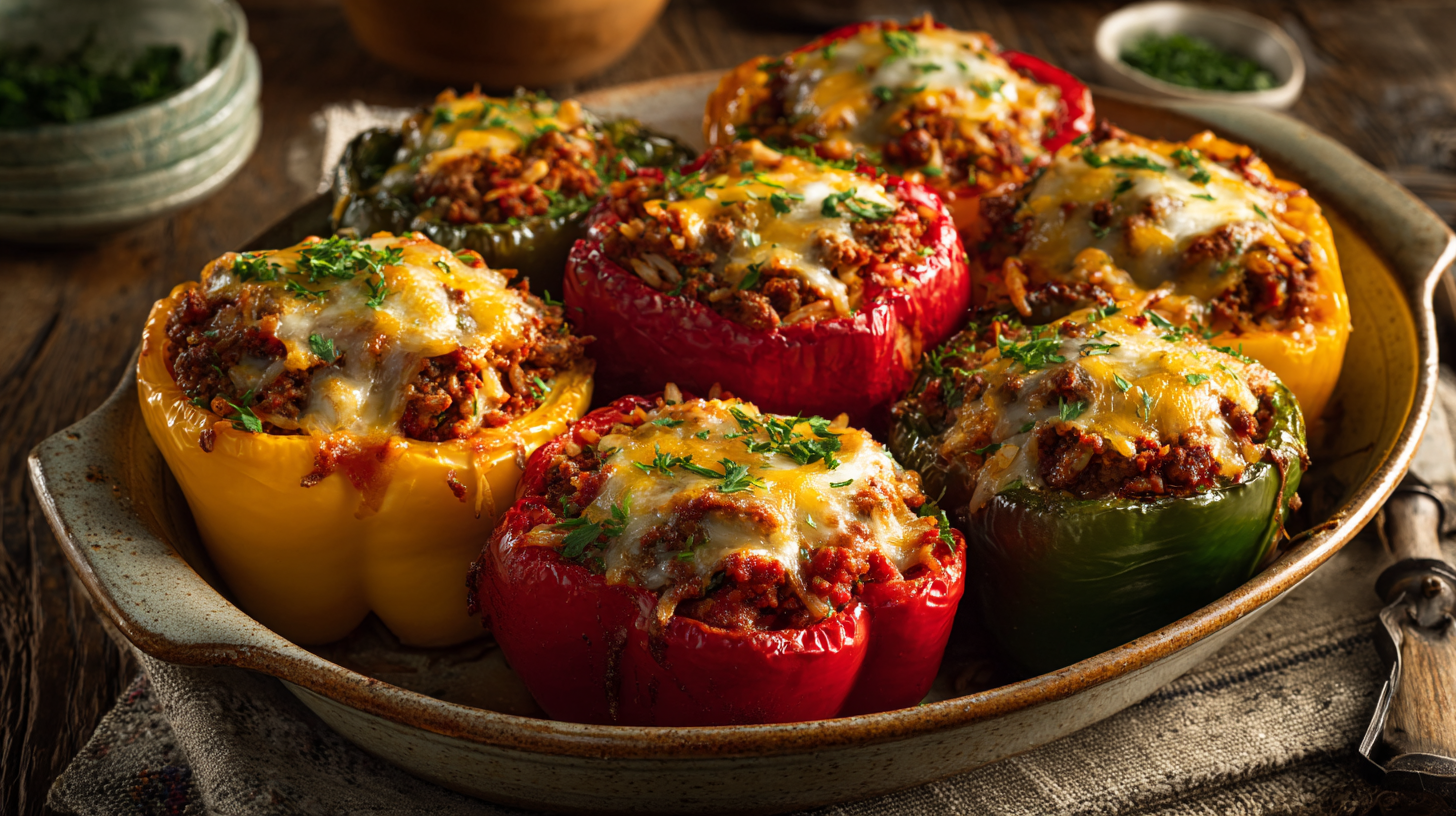 Hero shot of Stuffed Bell Peppers with vibrant colors and melted cheese