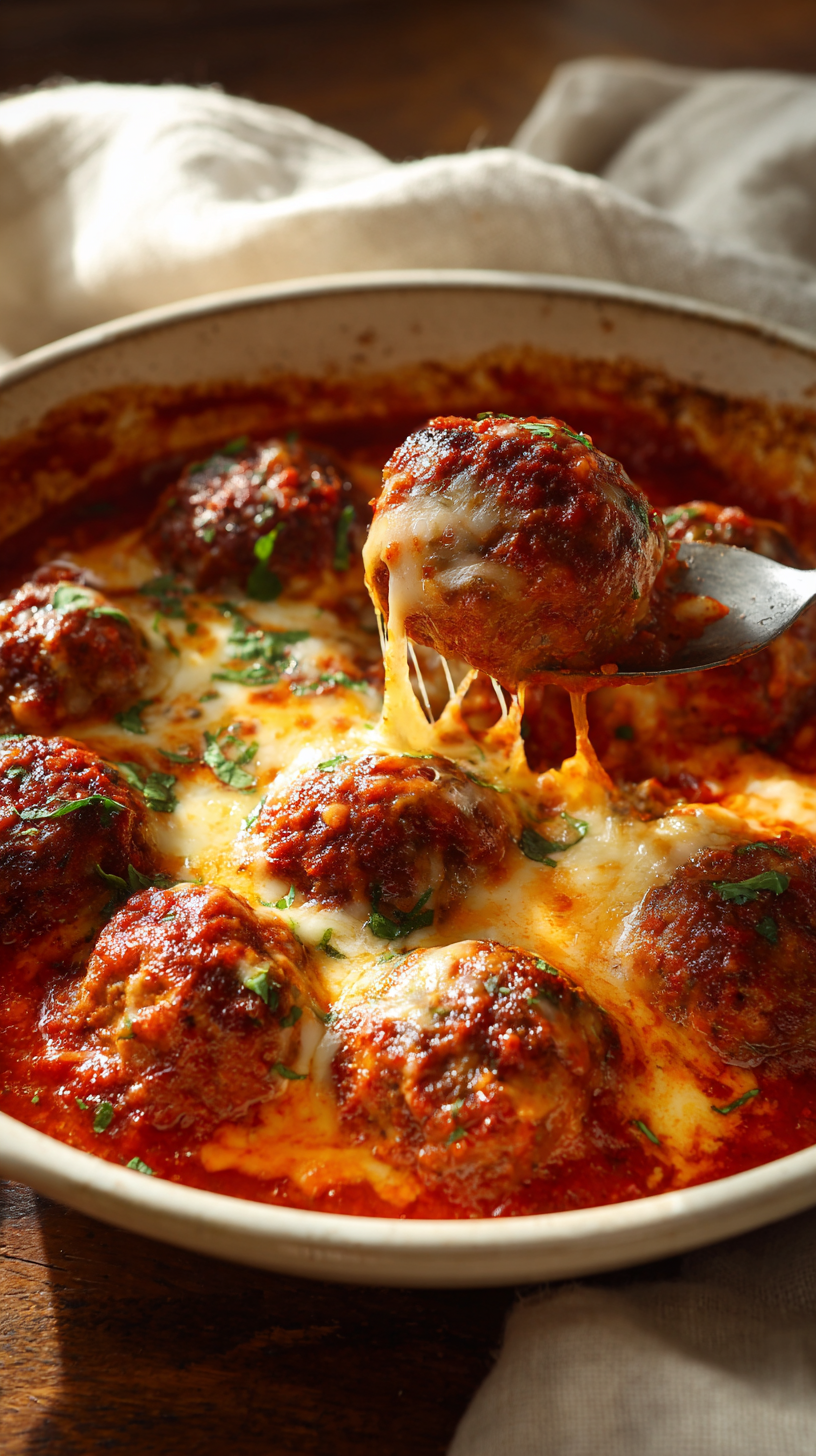 Super Cheesy Pizzeria Style Keto Meatballs being served on beautiful dinnerware