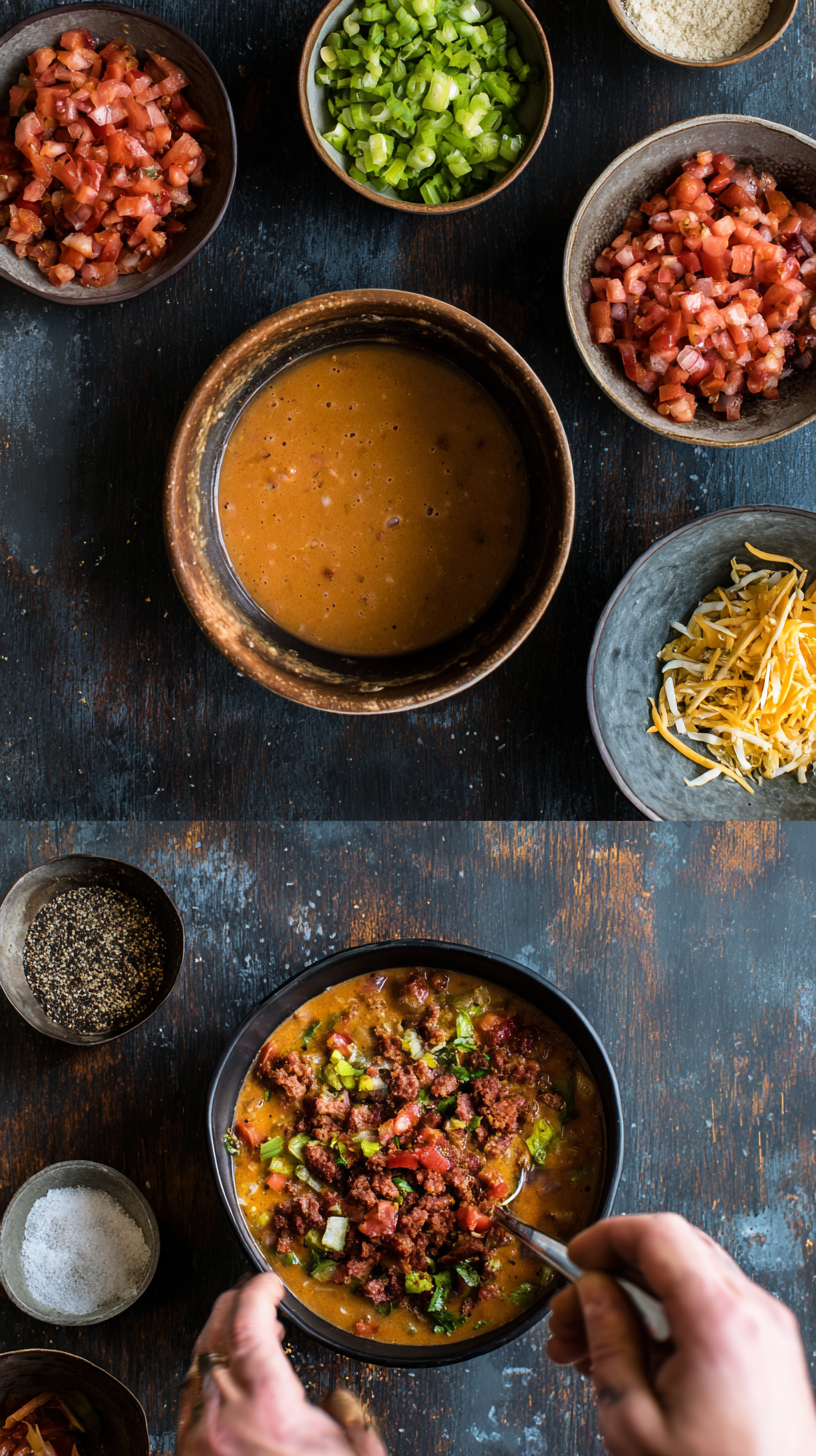 Preparing Tasty Queso Keto Taco Soup step by step cooking process