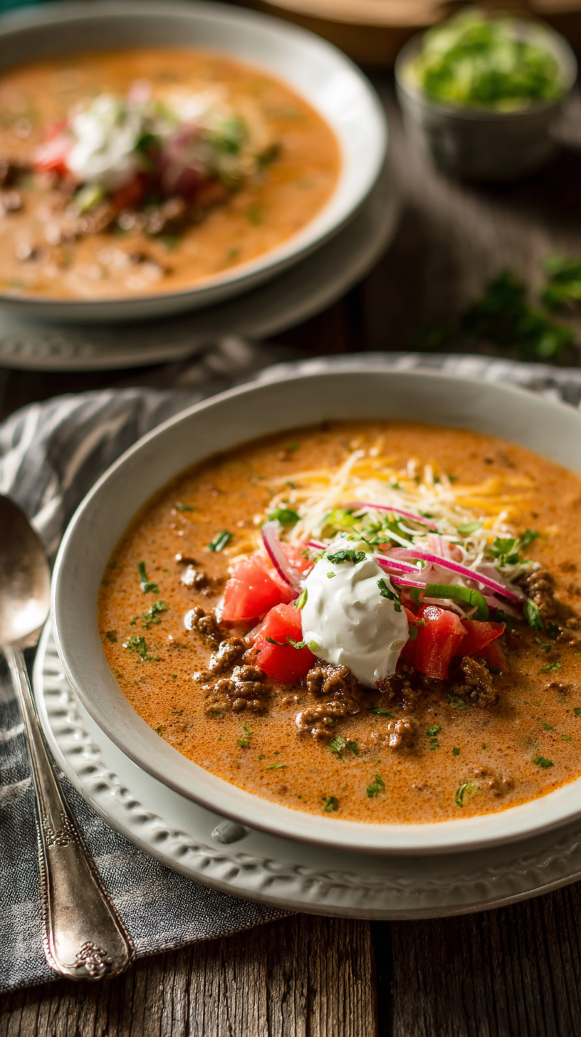 Tasty Queso Keto Taco Soup being served on beautiful dinnerware