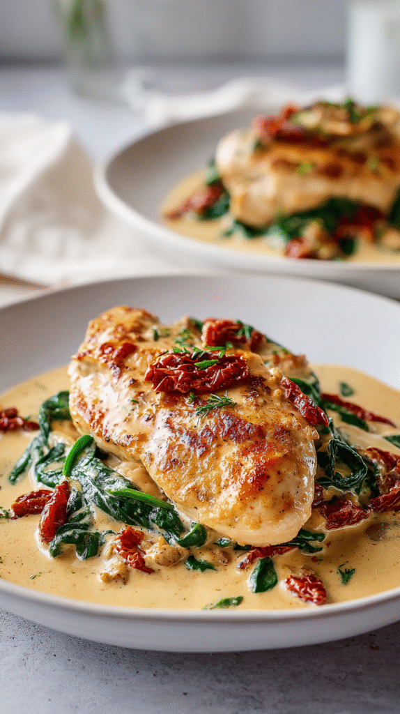 Serving the Creamy Tuscan Chicken (“Marry Me Chicken”) with elegance.