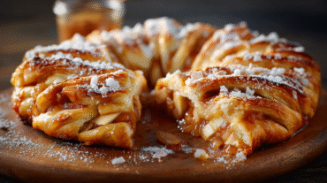 Apple Kringle hero shot with golden crust and apple filling
