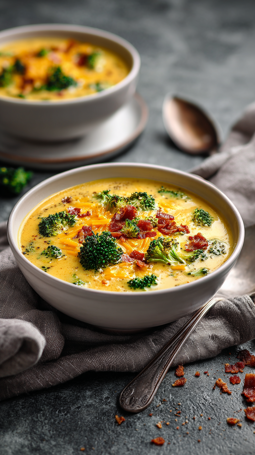 Broccoli Cheddar Soup (Keto) being served on beautiful dinnerware