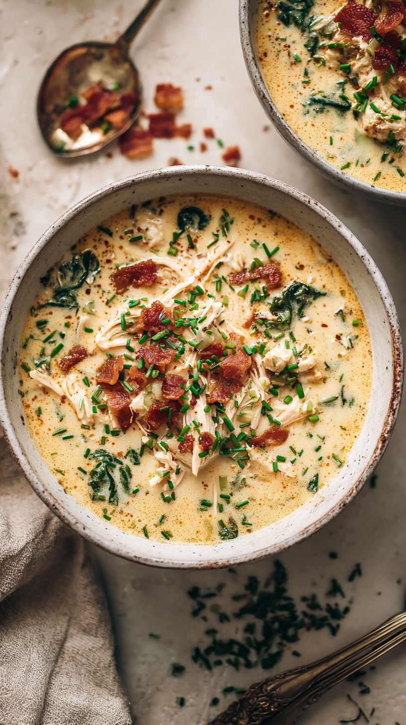 Crack Chicken Soup (Keto) being served on beautiful dinnerware