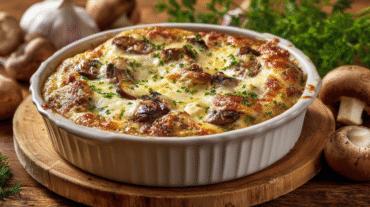 Garlic Mushroom Chicken Casserole (Keto) hero shot with golden cheese crust