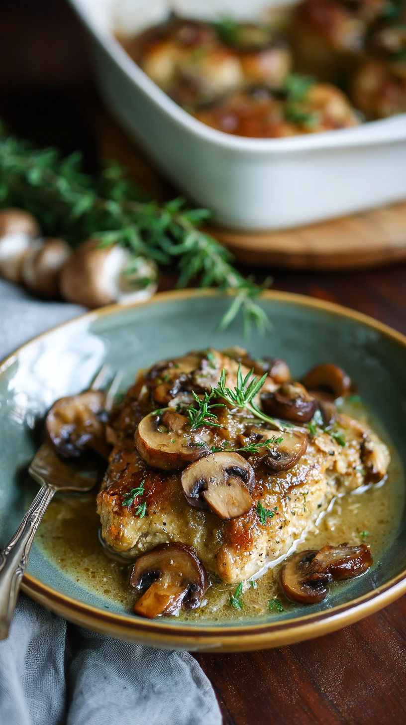 Garlic Mushroom Chicken Casserole (Keto) being served on beautiful dinnerware