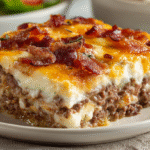Hero shot of Keto Bacon Cheeseburger Casserole with golden cheese topping