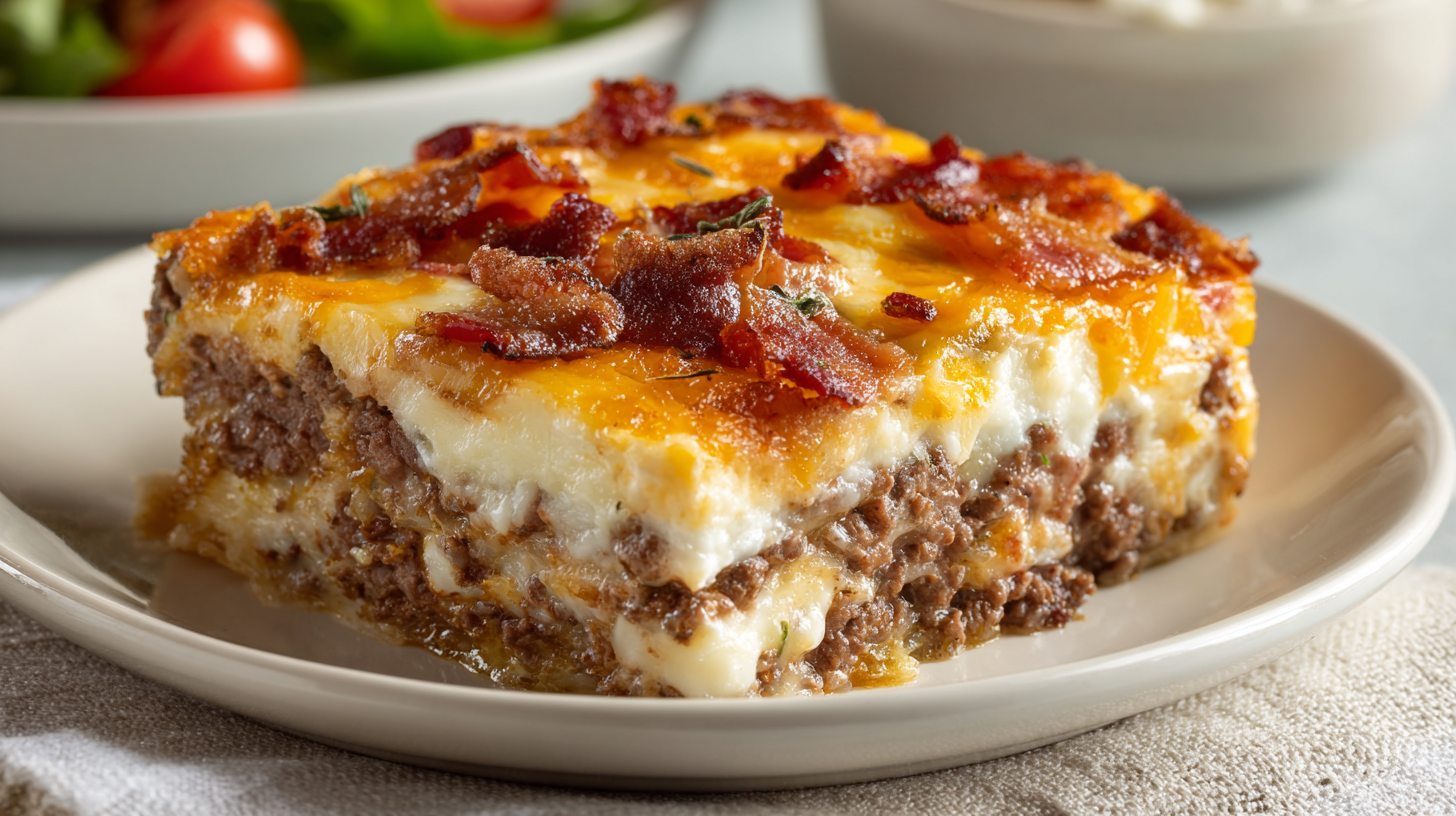 Hero shot of Keto Bacon Cheeseburger Casserole with golden cheese topping