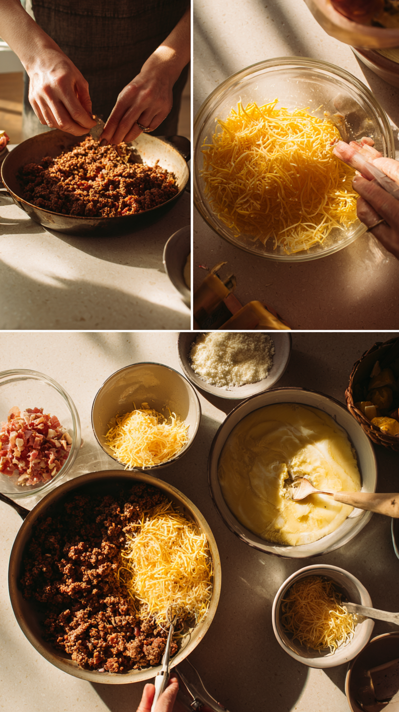 Preparing Keto Bacon Cheeseburger Casserole step by step cooking process