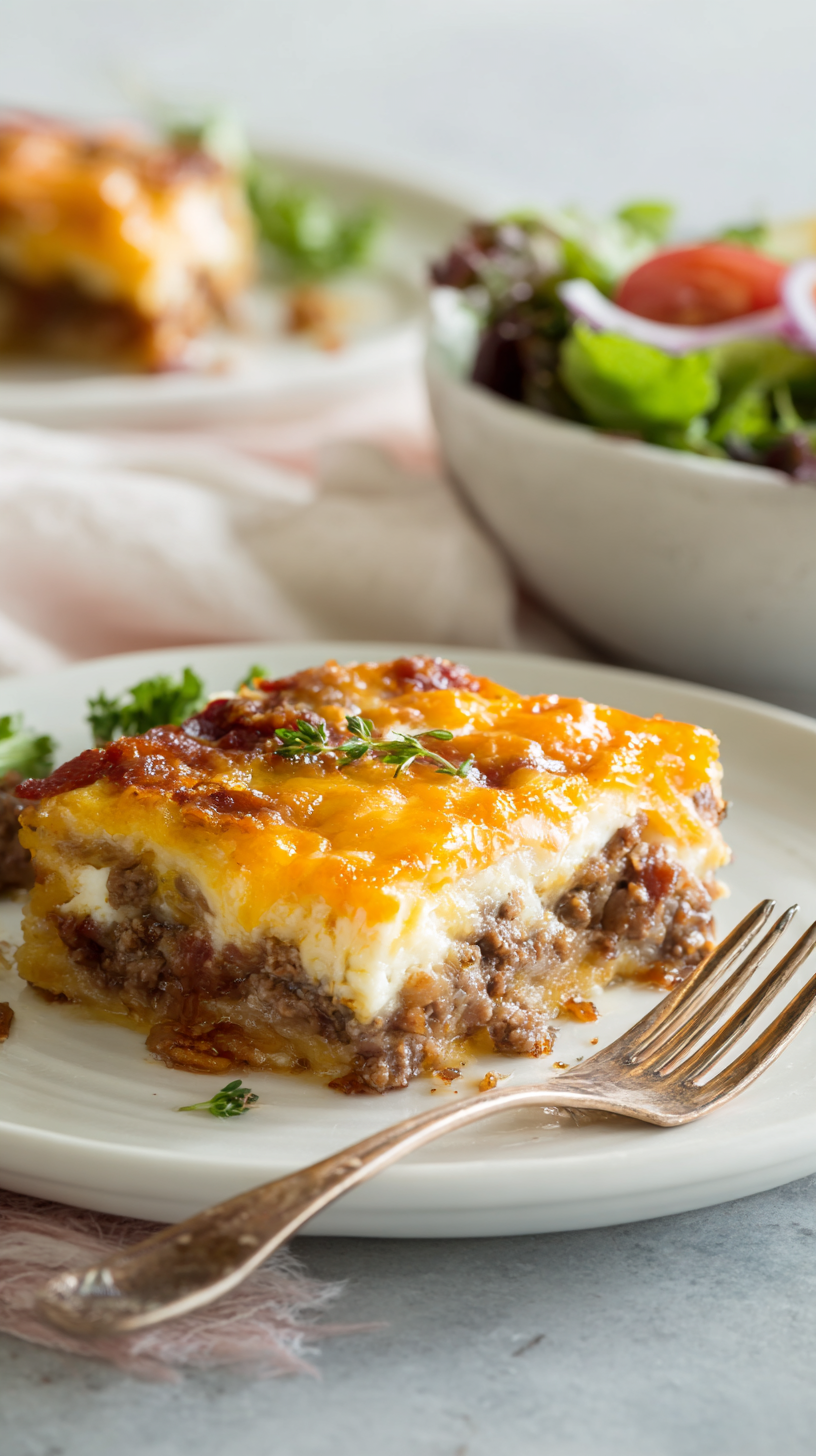 Keto Bacon Cheeseburger Casserole being served on beautiful dinnerware