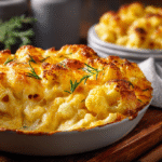 Keto Cauliflower Mac and Cheese with golden cheesy crust