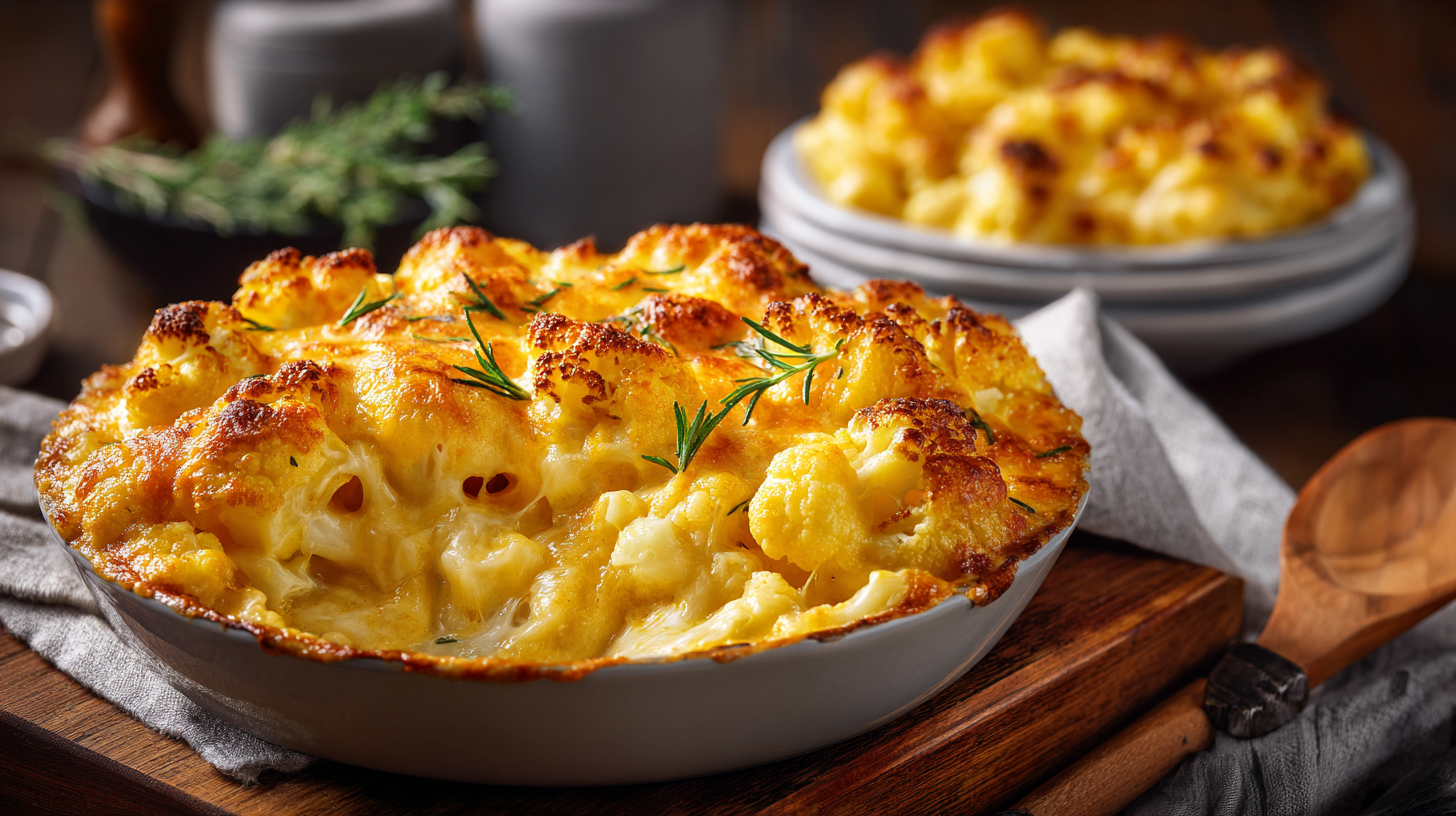 Keto Cauliflower Mac and Cheese with golden cheesy crust